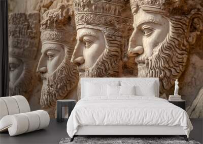 Sculptures and bas-reliefs of historical figures with artfully carved stone beards and headdresses in ancient persian style. Persian Empire. Illustration Wall mural