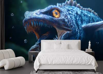 Sea monster open its mouth with teeth, fantasy underwater creature, generative ai. Sea Monster. Illustration Wall mural