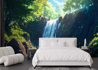 Serene anime waterfall hidden forest vibrant foliage soft sunlight cascading water tranquil escape. Hidden Waterfall. Illustration Wall mural