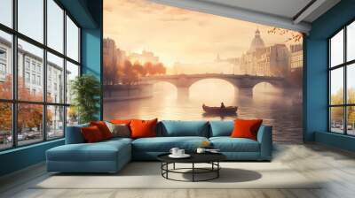 Serene morning scene of a solo fishing boat on the tranquil seine river, surrounded by misty parisian cityscape, with historic bridges in the distance. Troll Bridge. Illustration Wall mural