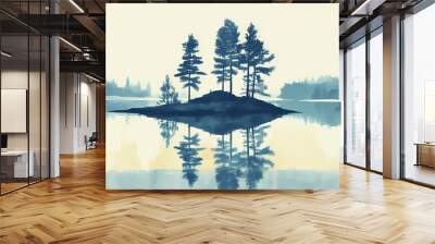 Small island middle lake surrounded trees scandinavia details calming grainy nostalgic solitary. Nostalgic. Illustration Wall mural