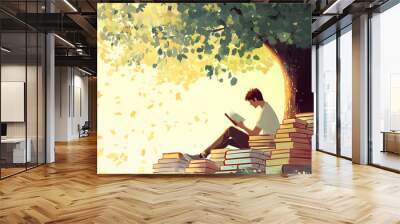 Student reading a book under a tree, with stacks of books around him. concept of back to school and study motivation. Serene. Illustration Wall mural