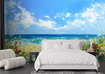 Summer blue sky green sea water wild flowers on beach nature landscape , impressionism art background. Impressionism. Illustration Wall mural