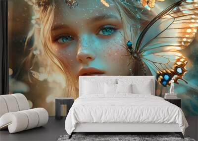 Sweet forest angel. image of dreamy spirit with butterfly wings. attractive fairy. Fairy. Illustration Wall mural