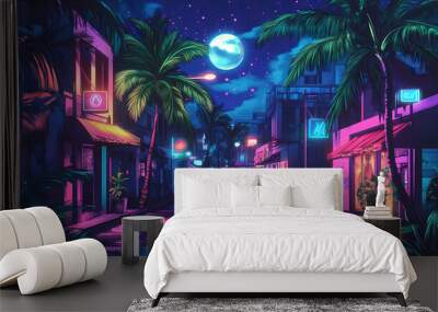 Synthwave retro tropical beach town, neon light, night street, cyberpunk futuristic background, shops, palms, sea coast, neon vaporwave illustration. Vaporwave. Illustration Wall mural