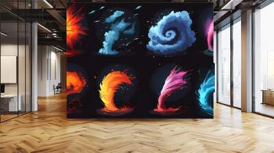 The tornado cartoon collection consists of various whirlwinds and hurricane twisters on black backgrounds. modern illustration set includes whirls, dust, and water. Tropical Storm. Illustration Wall mural