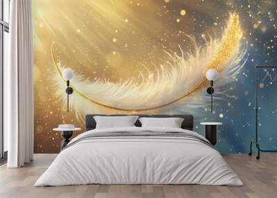 This modern design features a golden colored bird or angel quill, soft fluffy plume flying in a sun ray with white feather with gold glitter. Soft Glow. Illustration Wall mural