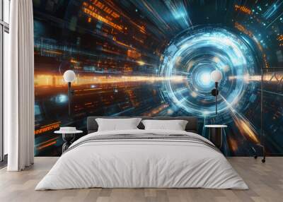 Time travel machine, futuristic time travel machine, a high tech looking machine is traveling in time, light speed effects,. Time Portal. Illustration Wall mural