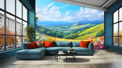 Tranquil countryside escape with picturesque vistas of rolling hills and colorful meadows. Rolling Meadows. Illustration Wall mural