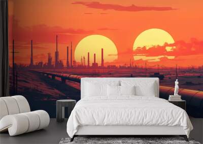 Urban wasteland with industrial pipe at sunset. Futuristic Wasteland. Illustration Wall mural