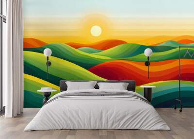 Vibrant abstract landscape with rolling hills and bright sunshine, representing the warmth of a summer day. Rolling Hills. Illustration Wall mural