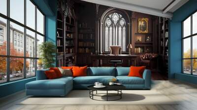 Victorian gothic study with dark wood furniture mockup. Gothic Revival. Illustration Wall mural