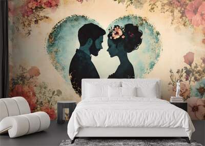 Vintage style romantic couple in heart silhouette collage with flowers. concept vintage photoshoot, romantic couple, heart silhouette, flower collage, retro style. Victorian Era. Illustration Wall mural