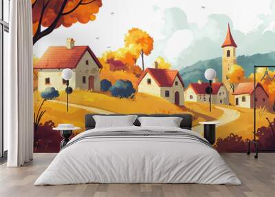 Vintage style village illustration. Village. Illustration Wall mural