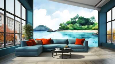 Watercolor a hidden island paradise that is home to a peaceful. Hidden Lagoon. Illustration Wall mural