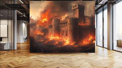 Wide view of a medieval war with a castle on fire. Medieval Battle. Illustration Wall mural