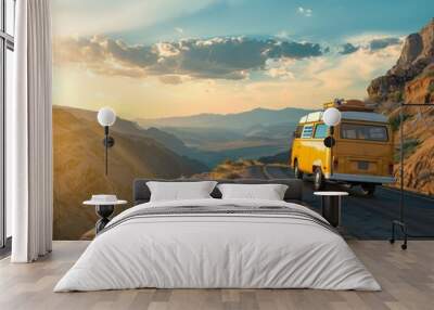 A vehicle on the road with a summer and sunny landscape background, sun, blue sky Wall mural