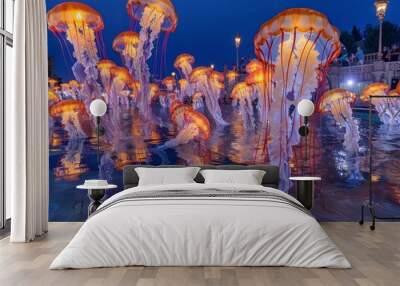 Animal orange Jellyfish underwater into sea, ocean on blue background Wall mural