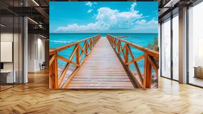 Wooden bridge on the beach, beautiful landscape and sky Wall mural