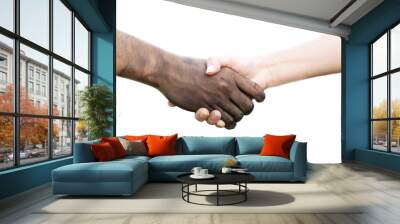   close up man and woman shake hand with a dirty hand and a clean on white background, making an agreement, Stained Wall mural