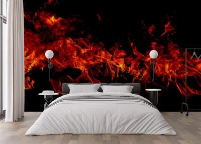 Fire flames on Abstract art black background, Burning red hot sparks rise, Fiery orange glowing flying particles Wall mural