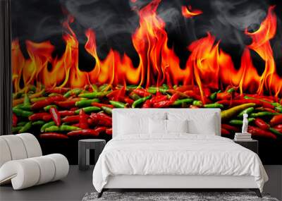 Group of Red Hot chili pepper on fire and smoke Wall mural