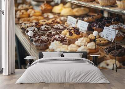 A display case filled with beautifully crafted low-sugar pastries, including muffins, cookies, and cakes, with signs highlighting their reduced sugar content Wall mural