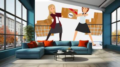 Flat commercial concept of promotion and discount. Black friday. 2 women are fighting to get her product. Wall mural