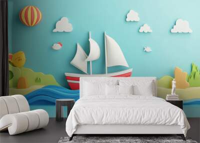 A colorful paper boat sailing on blue sea, surrounded by playful clouds, hot air balloon, and vibrant landforms, creating cheerful and whimsical scene. Wall mural