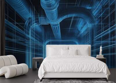 A detailed vector schematic of air ducts showcases futuristic design with intricate lines and glowing blue elements, creating sense of depth and technology Wall mural