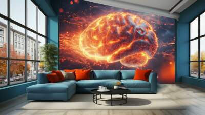 A digital brain illuminated with flowing streams of data represents fusion of technology and intelligence. This captivating image evokes sense of innovation and connectivity Wall mural