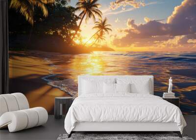 A vibrant tropical beach at sunrise with crystal clear water, golden reflections, and lush palm trees creates serene and picturesque scene. warm colors evoke sense of tranquility and beauty Wall mural