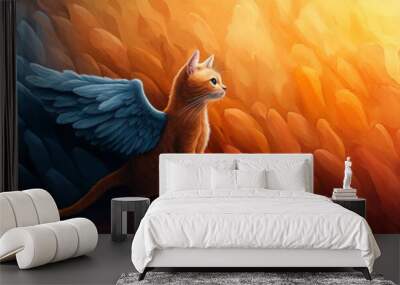 A winged cat explores vibrant landscape, blending colors of blue and orange, evoking sense of wonder and adventure. Wall mural