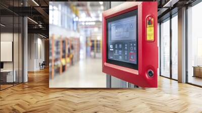 Close up of fire alarm control panel with touchscreen interface, showcasing its features in modern industrial setting. Wall mural