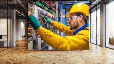 Electrical engineer adjusting industrial circuit breakers, wearing safety gear and focused on task. environment is filled with wires and equipment, showcasing professional setting Wall mural