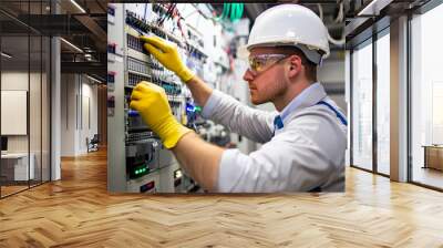 Electrical engineer adjusting industrial circuit breakers with precision and focus, wearing safety gear including hard hat and gloves, ensuring optimal functionality and safety in workspace Wall mural