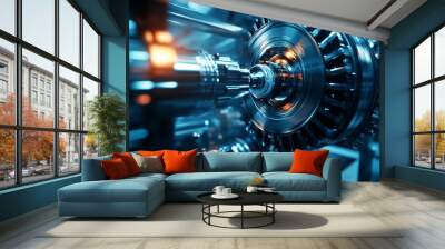 High tech industrial machinery in action, showcasing intricate gears and components. metallic surfaces reflect light, emphasizing advanced technology and precision engineering involved Wall mural