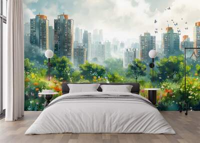 Fluttering Metropolis: Watercolor Painting Celebrates Green Cities with Urban Gardens Wall mural