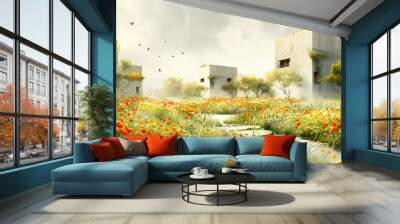 Urban Oasis: Watercolor Panorama of an Industrial Area Transformed by Nature Wall mural