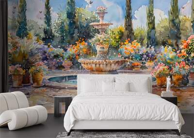 Watercolor Rhapsody: A Renaissance Gardens Enchanting Embrace Wall mural