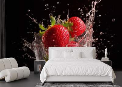 strawberry in water, splashing vitamin water, wellness and nutrition concept by generative AI. Wall mural