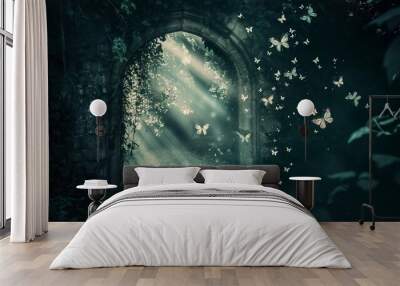 A dark tunnel with a light shining through it Wall mural