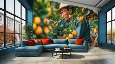 an old man wear his hat and harvest the yellow fruits Wall mural