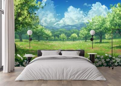 anime background of the white flower and green grass Wall mural