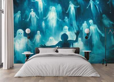 halloween theme of white ghosts around the person standing Wall mural