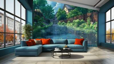 nice anime background for theme, flood in the town Wall mural