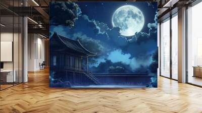 nice anime background of asian landscape at night with big moon Wall mural