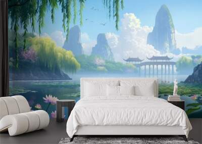 peaceful scene of anime background, beautiful lake Wall mural