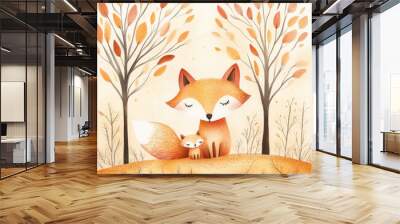 A peaceful scene of two foxes resting among autumn trees with falling leaves. Warm, serene tones create a cozy atmosphere. Wall mural