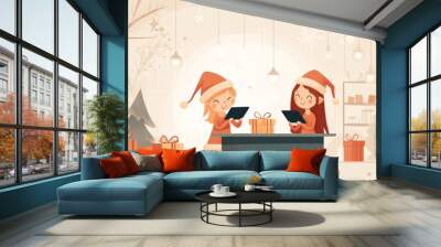 A playful illustration of two children wearing Santa hats, happily unwrapping presents in a festive indoor setting. Wall mural